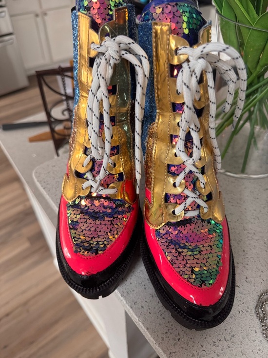 Cape Robbin Shoes - Cape Robbin Multicolor Sequin Lace-Up Boots with Gold Trim and Pink Accents